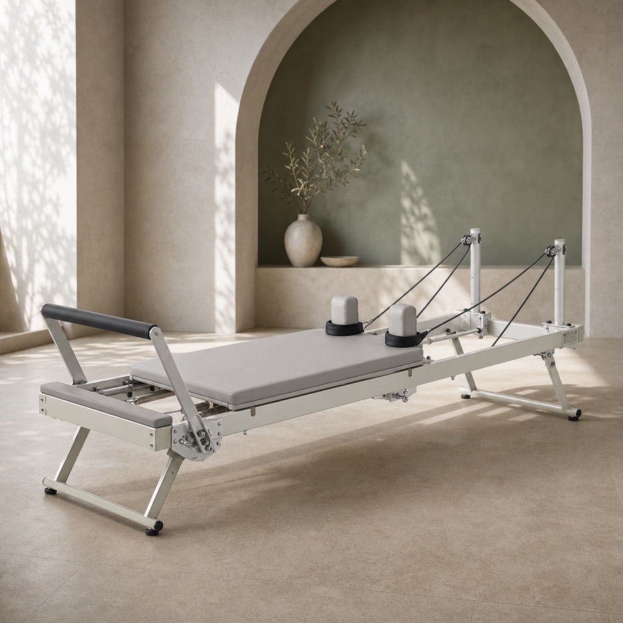 Reformer Pilates domestico grigio con corde e pulegge